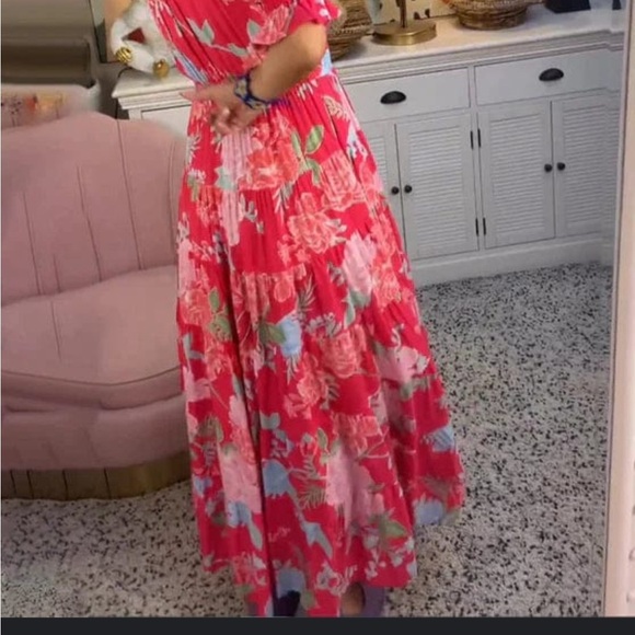 Red, colorful, floral, V-neck button, short sleeve maxi dress with waist belt - Picture 2 of 6